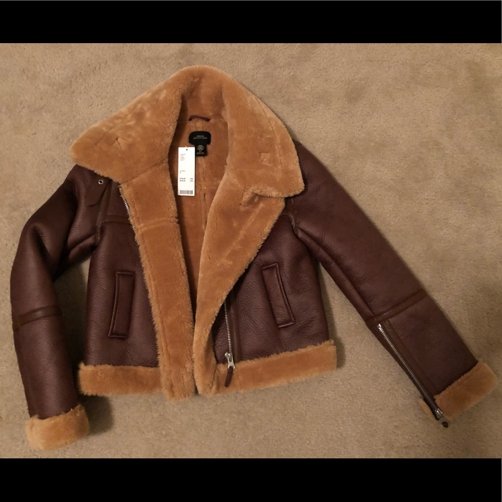 Urban outfitters faux leather fur cropped aviator jacket